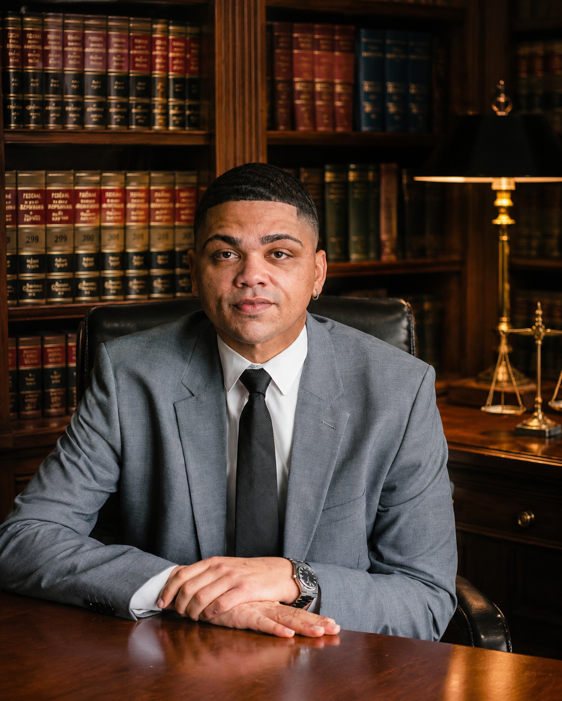 Attorney Matt Lawson seated at his desk in a law library